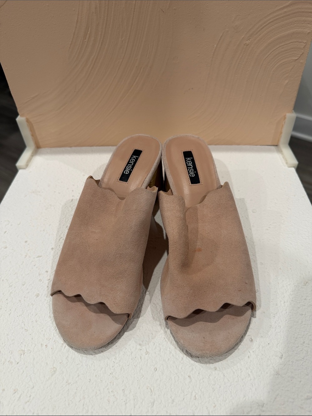 Kensie Scalloped Nude Suede Slide Mules